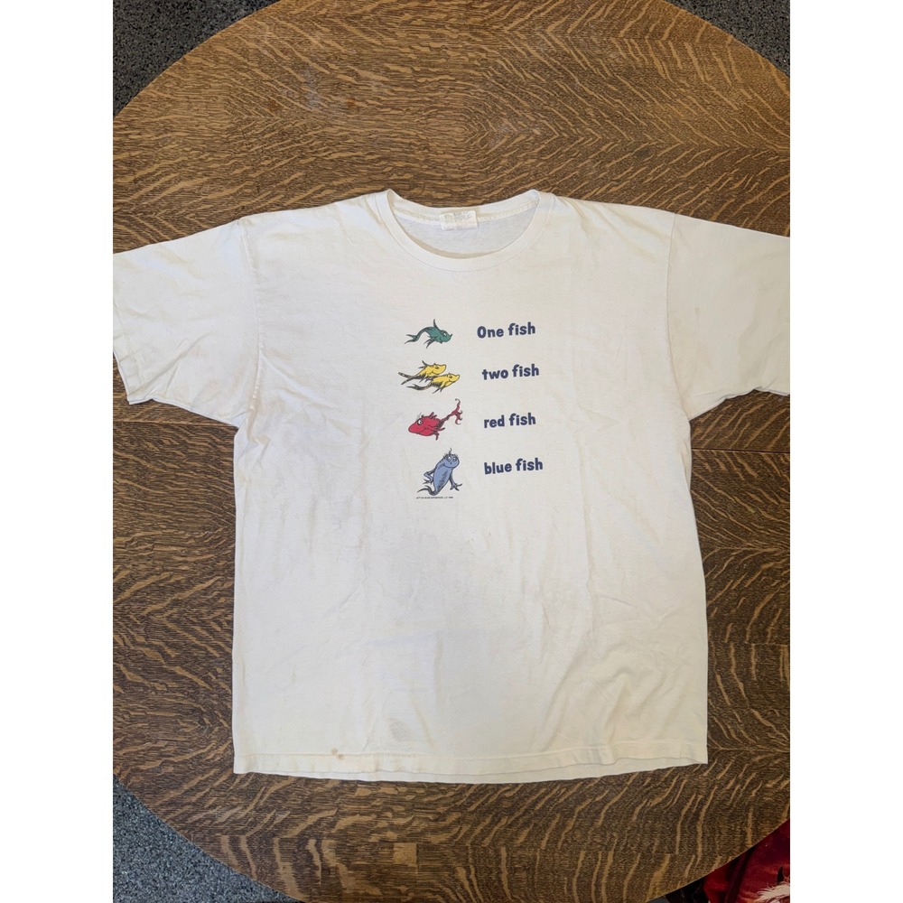 Vintage 1995 Dr Seuss One Fish Two Fish Red Fish Blue Fish T-Shirt White Large